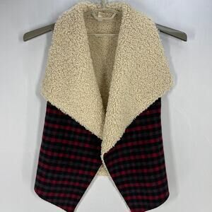 RUYI Vest One Size Red Gray Sherpa Lined Open Front Plaid Wool Blend Rustic